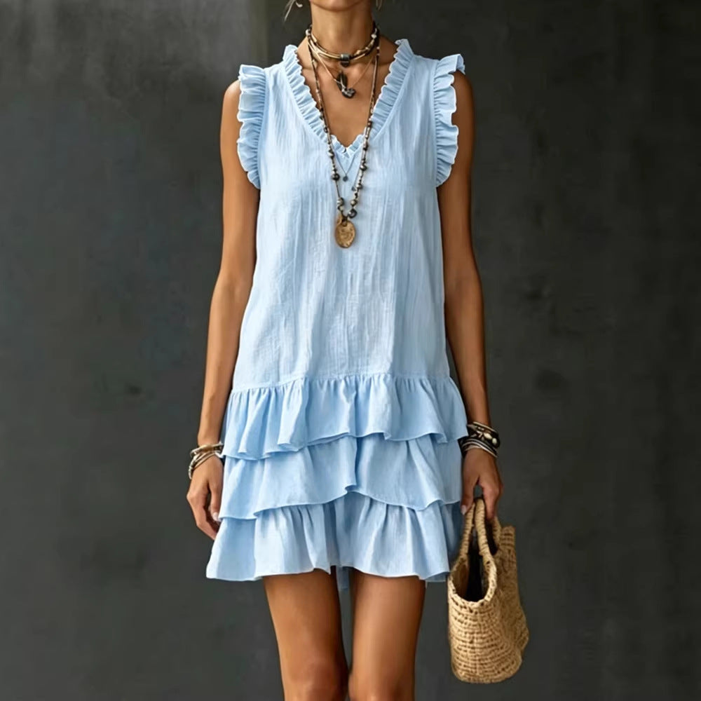 FitiqueFit V-neck ruffle-trim tiered sleeveless midi dress in four colors, casualwear, available in sizes S to XXL.