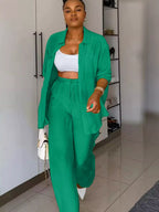 Shopimist tie-front top and wide-leg pants set, featuring a stylish tie-front blouse paired with flowy wide-leg trousers.