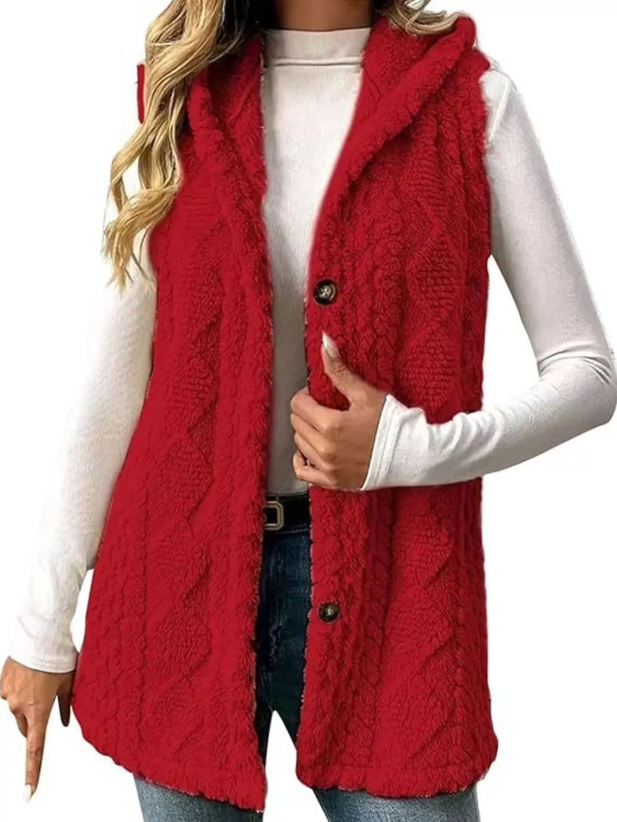 Simply Love hooded button-up sherpa vest coat with a cozy fleece exterior and a hood, suitable for casual outdoor wear.