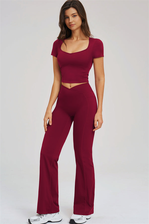 Fitglutes Activewear flared leggings and T-shirt set, stylish gymwear with comfortable stretch, designed for workouts and active wear.