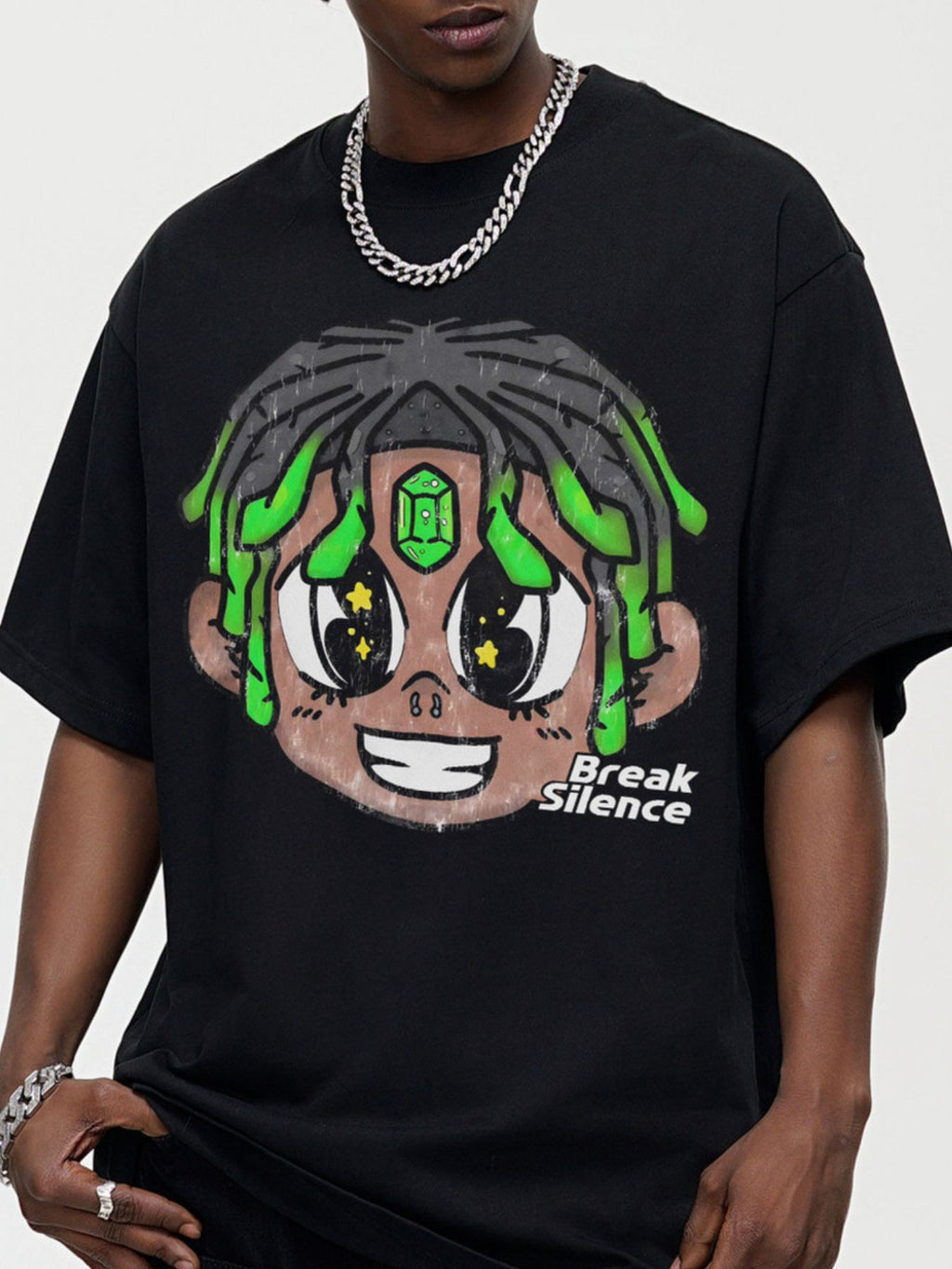 Men's oversized cotton-blend streetwear T-shirt with cartoon graphic from Plush Fashion Hub, featuring bold, colorful design.