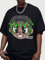 Men's oversized cotton-blend streetwear T-shirt with cartoon graphic from Plush Fashion Hub, featuring bold, colorful design.