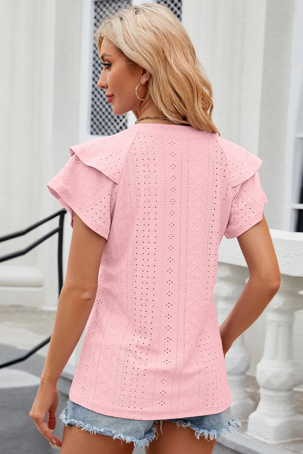 Trendsi eyelet notched flutter sleeve T-shirt, casual tops with flutter sleeves and eyelet details, displayed on a white background.
