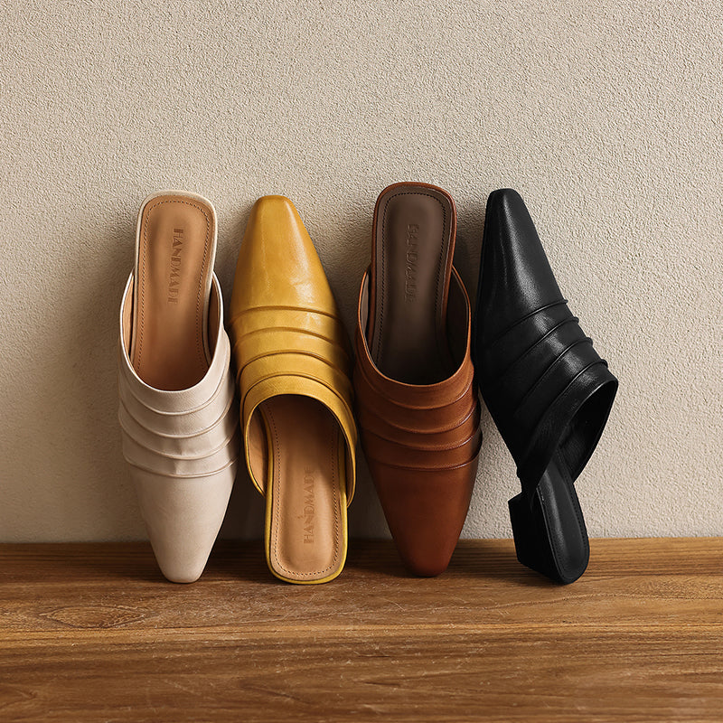 Handmade sheepskin ruched mule slides by FitiqueFit featuring square toe and low heel, perfect for comfortable stylish footwear.