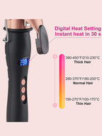 Ceramic curling iron with fast heating for professional anti-scald hair styling, featuring a sleek design and adjustable temperature.