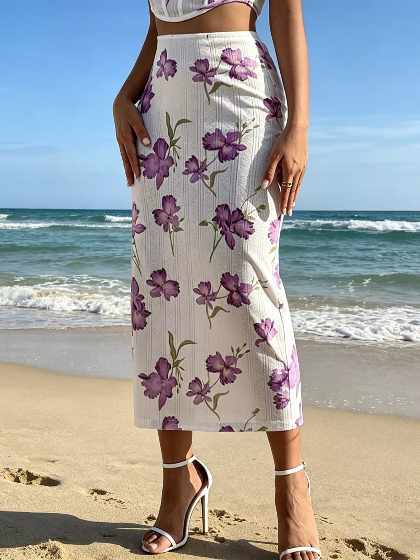 Floral print top and bodycon skirt set from Trendsi, featuring a vibrant floral blouse and fitted matching skirt.