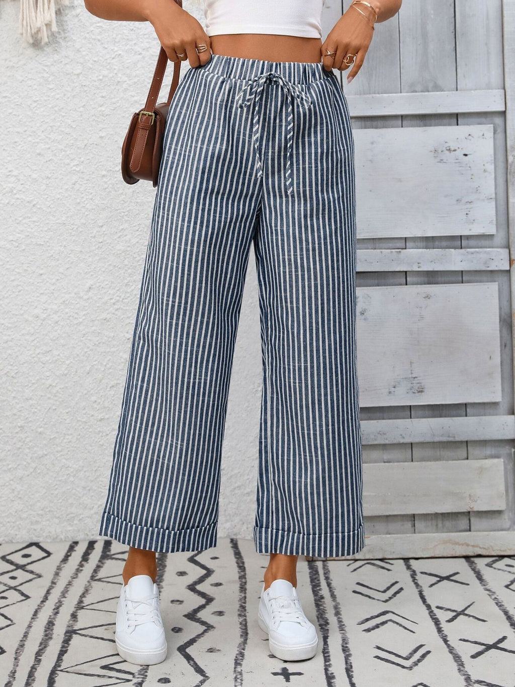 Women's striped wide-leg drawstring pants with pockets, trendy and comfortable fashion by Trendsi.