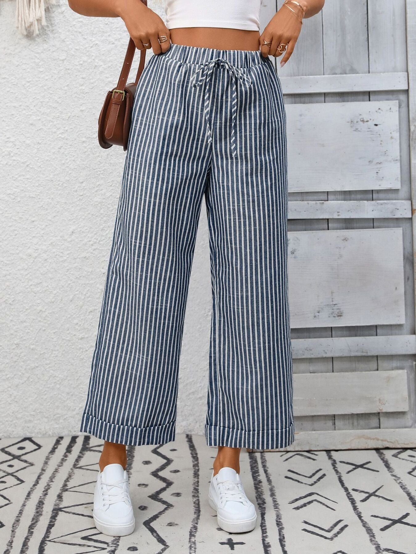 Women's striped wide-leg drawstring pants with pockets, trendy and comfortable fashion by Trendsi.