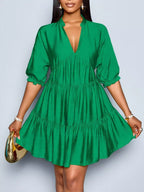 Notched half sleeve tiered dress by Shopimist featuring a flowing, layered design with a stylish neckline and relaxed fit.