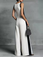Deep V-Neck Wide-Leg Jumpsuit with Contrast Trim