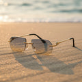 Gold frame cheetah rimless sunglasses with hip-hop style, featuring sleek design and trendy eyewear by FitiqueFit.