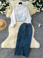 Frayed denim patchwork top and slit maxi skirt denim set by Shopimist, featuring casual style and textured fabric details.