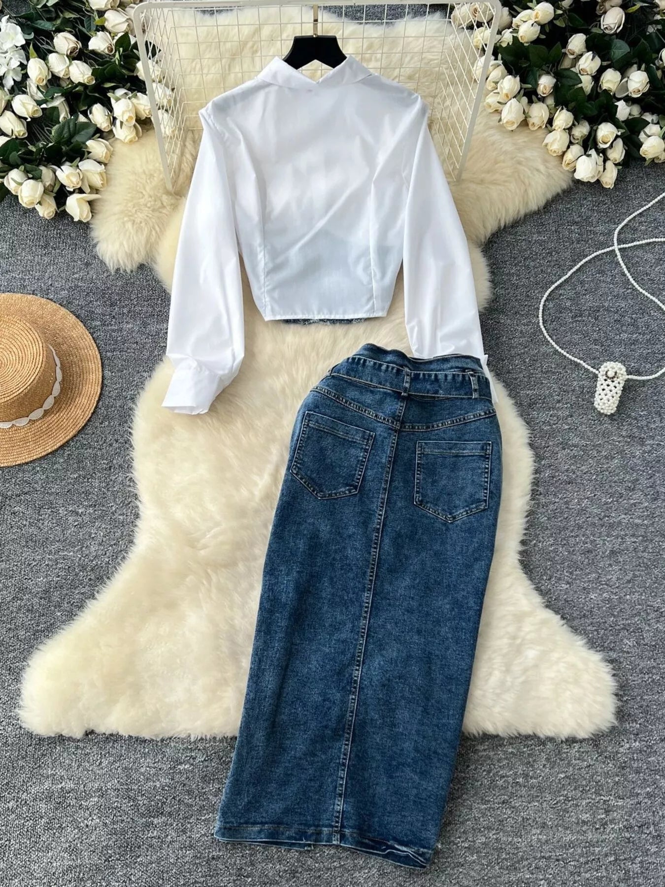 Frayed denim patchwork top and slit maxi skirt denim set by Shopimist, featuring casual style and textured fabric details.