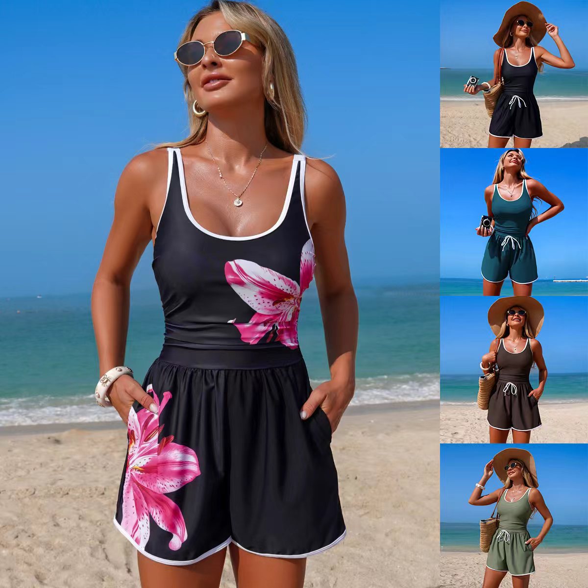 Women's minimalist solid color sports one-piece swimsuit by FitiqueFit, sleeveless design, perfect for active swimwear.