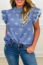 Denim top with frilled collar and flutter sleeves, stylish shirt from Plush Fashion Hub featuring casual, trendy design.