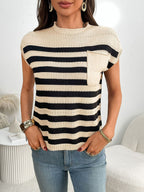 Women's striped knit cap sleeve sweater with front pocket, casual outerwear by Trendsi, featuring a cozy knit design and relaxed fit.