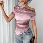 Women’s tie-dye one-shoulder mesh ruched top by Plush Fashion Hub, casualwear asymmetrical stretch tee for going out.