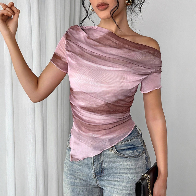 Women’s tie-dye one-shoulder mesh ruched top by Plush Fashion Hub, casualwear asymmetrical stretch tee for going out.