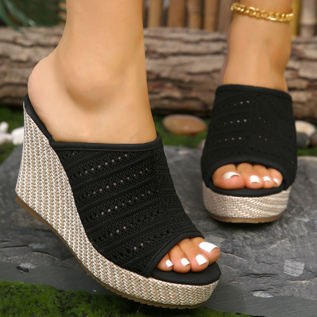 Women's mesh open toe wedge sandals with high heels, stylish comfort shoes from Trendsi featuring breathable mesh and modern design.