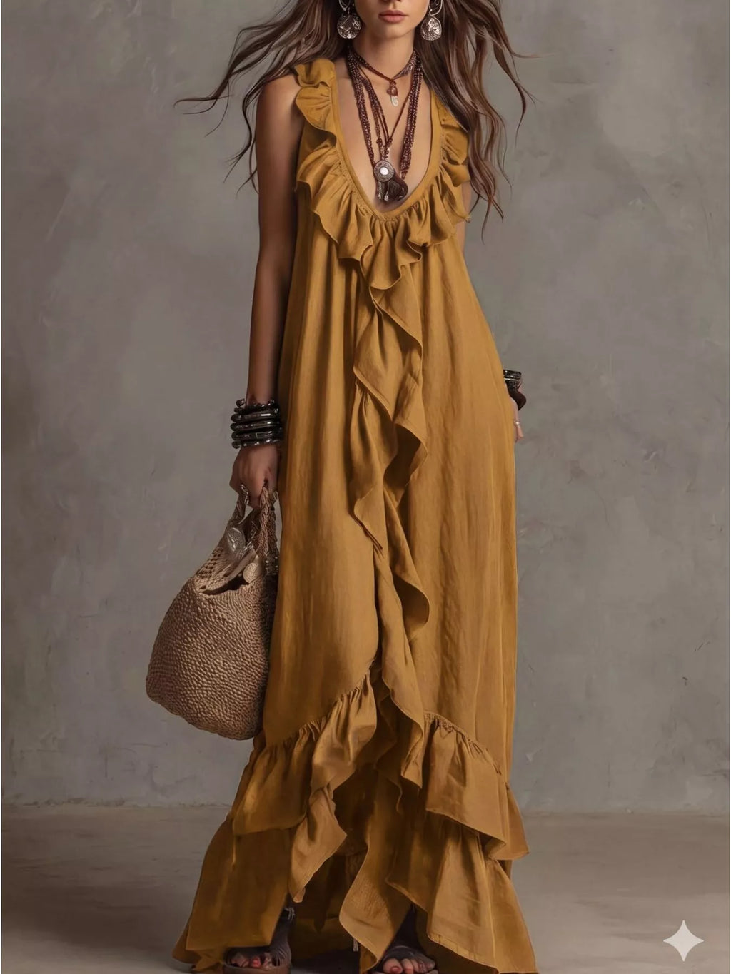 Shopimist ruffled sleeveless maxi dress with flowing fabric and elegant design, perfect for summer or special occasions.