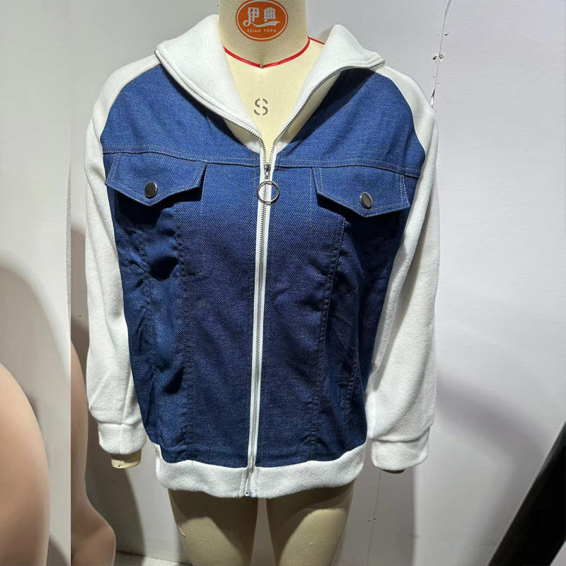Women's denim patchwork zip-up jacket from FitiqueFit, casualwear with mixed denim patches and a front zipper closure.