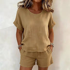 FitiqueFit solid-color cotton linen T-shirt and shorts set in various colors, casualwear for comfortable everyday style.
