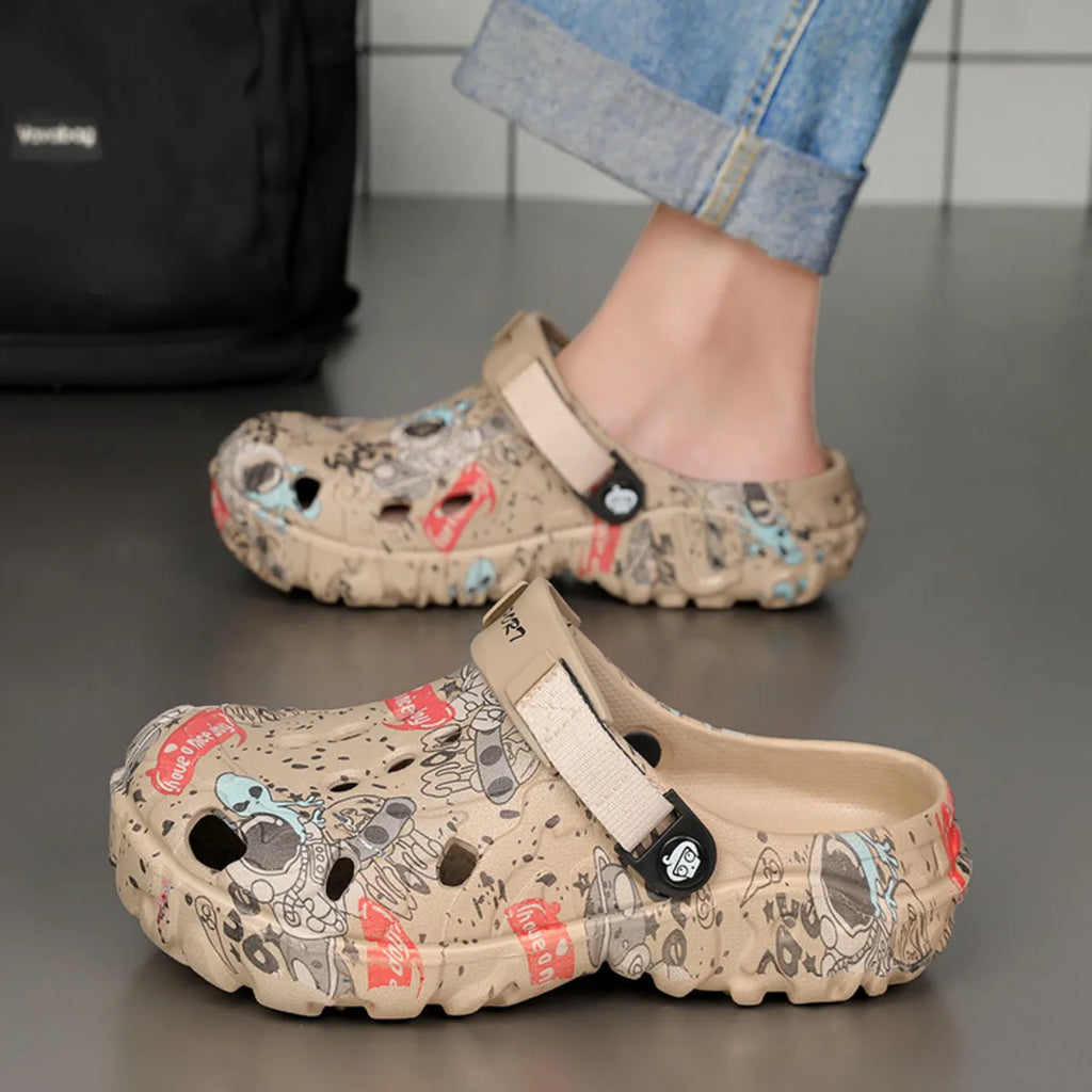 Men's printed platform sandals by Plush Fashion Hub featuring colorful printed straps and chunky soles for casual style.