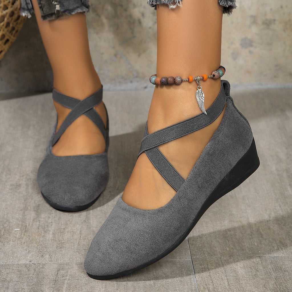 Plush Fashion Hub elastic band platform wedge pumps in various colors, EU sizes 35–43, with stylish heel design.