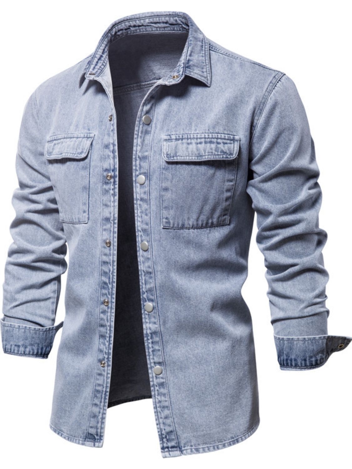 VYSN men's denim jacket with button-down front and chest pocket, stylish casual clothing for men.