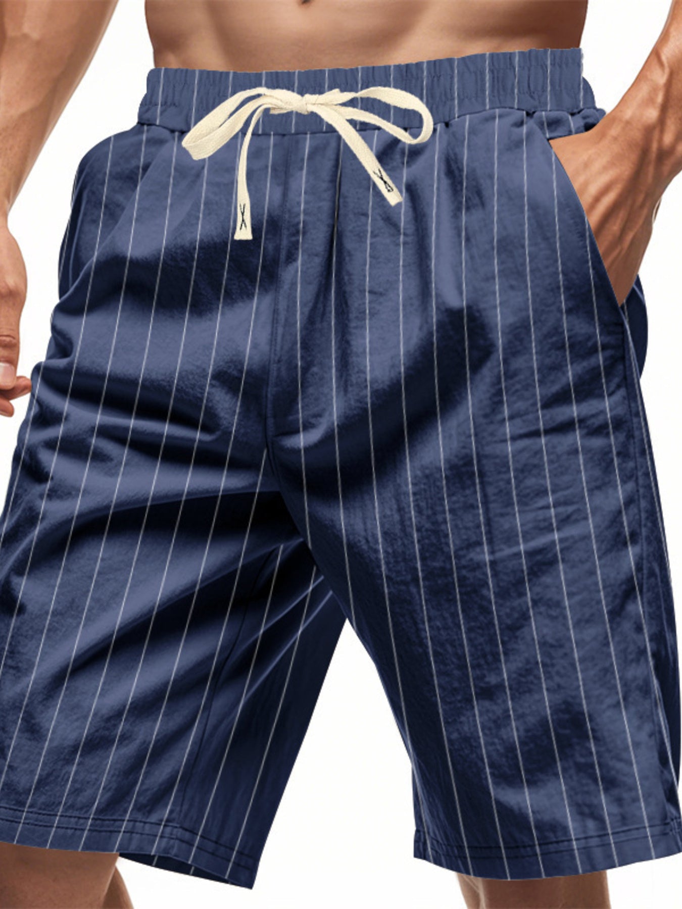 Men's plus size striped casual shorts with drawstring waist, made by Trendsi, featuring a relaxed fit and comfortable fabric.
