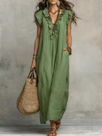 Plush Fashion Hub ruffled V-neck maxi dress with flowing fabric and tiered design, perfect for summer or special occasions.