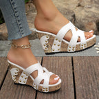 Shopimist open toe wedge sandals with cork platform and ankle strap, perfect for casual summer wear.