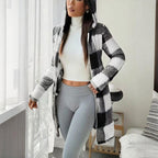 Plaid Hooded Sherpa-Lined Long Coat with Pockets