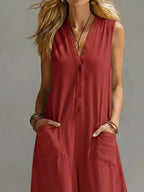 Plus size Shopimist sleeveless wide-leg jumpsuit with a V-neck, full length and sleeveless design, stylish and comfortable for casual wear.