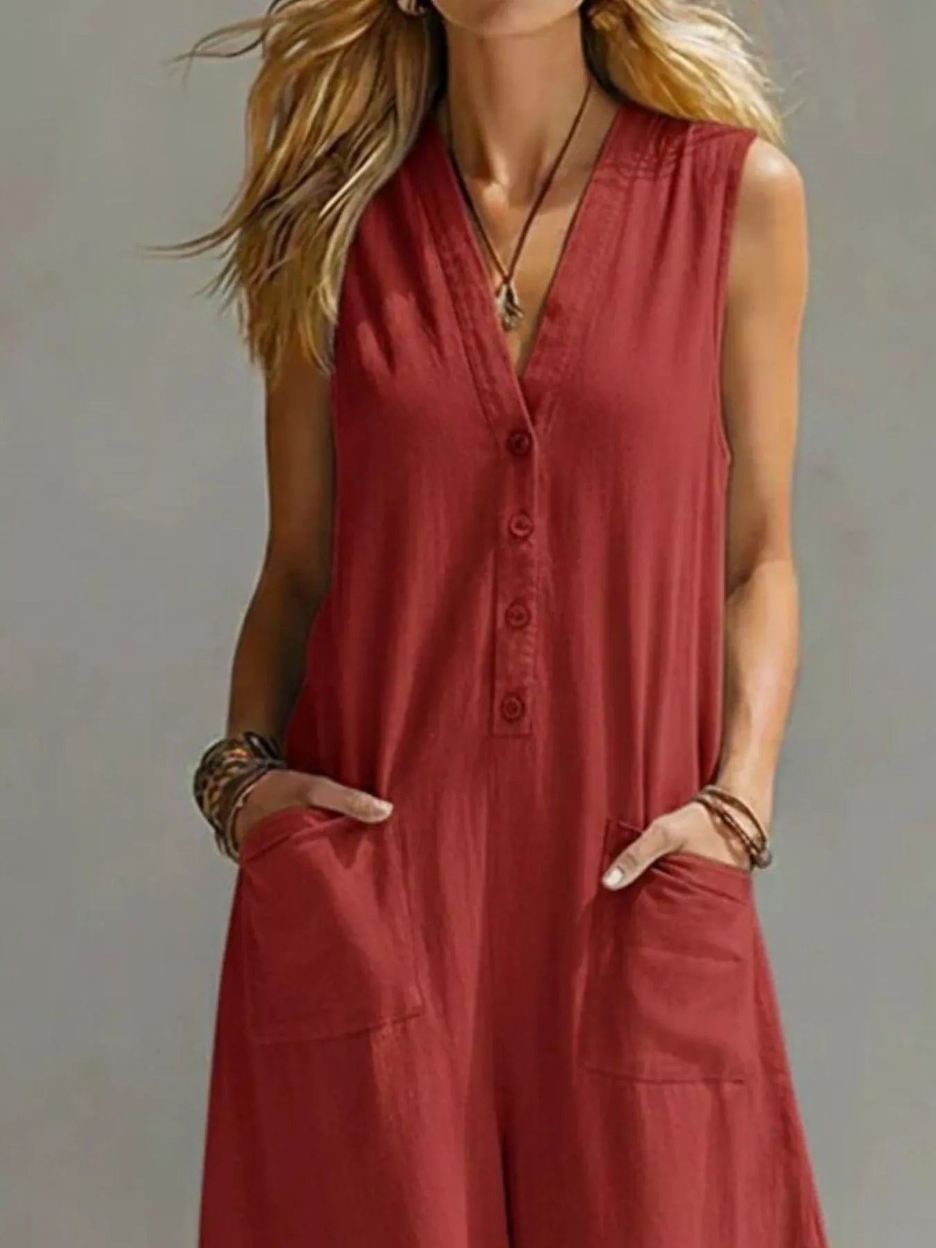 Plus size Shopimist sleeveless wide-leg jumpsuit with a V-neck, full length and sleeveless design, stylish and comfortable for casual wear.
