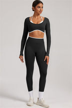 Fitglutes Activewear long sleeve crop top and matching leggings 2-piece set, stylish gymwear for workout and active pursuits.
