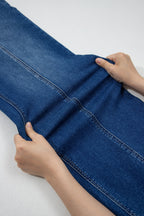 Yusra Seam Detail Shift Jeans by Threaded Pear, showcasing slim fit denim with prominent seam accents and classic five-pocket design.