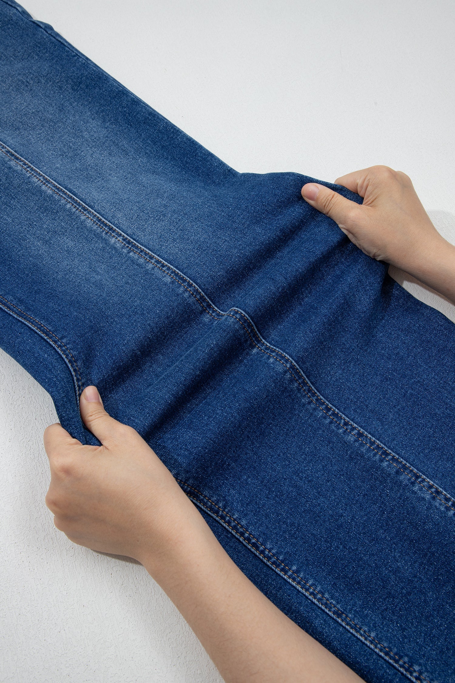 Yusra Seam Detail Shift Jeans by Threaded Pear, showcasing slim fit denim with prominent seam accents and classic five-pocket design.