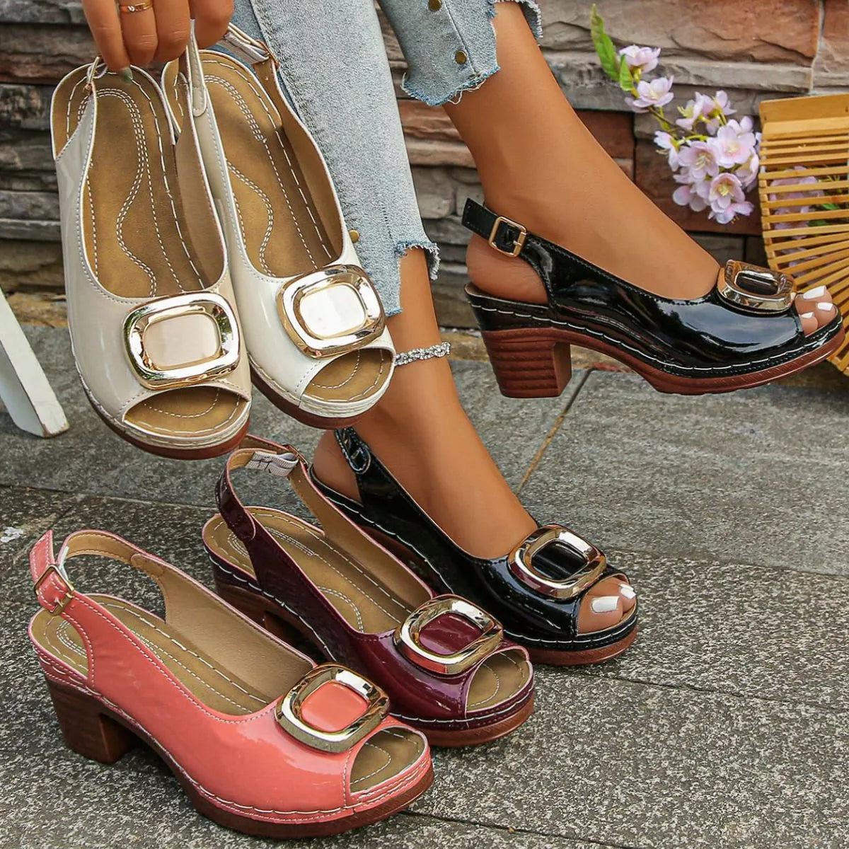 Shopimist peep toe block heel sandals with stylish open toe design and chunky heel for a comfortable, trendy look.