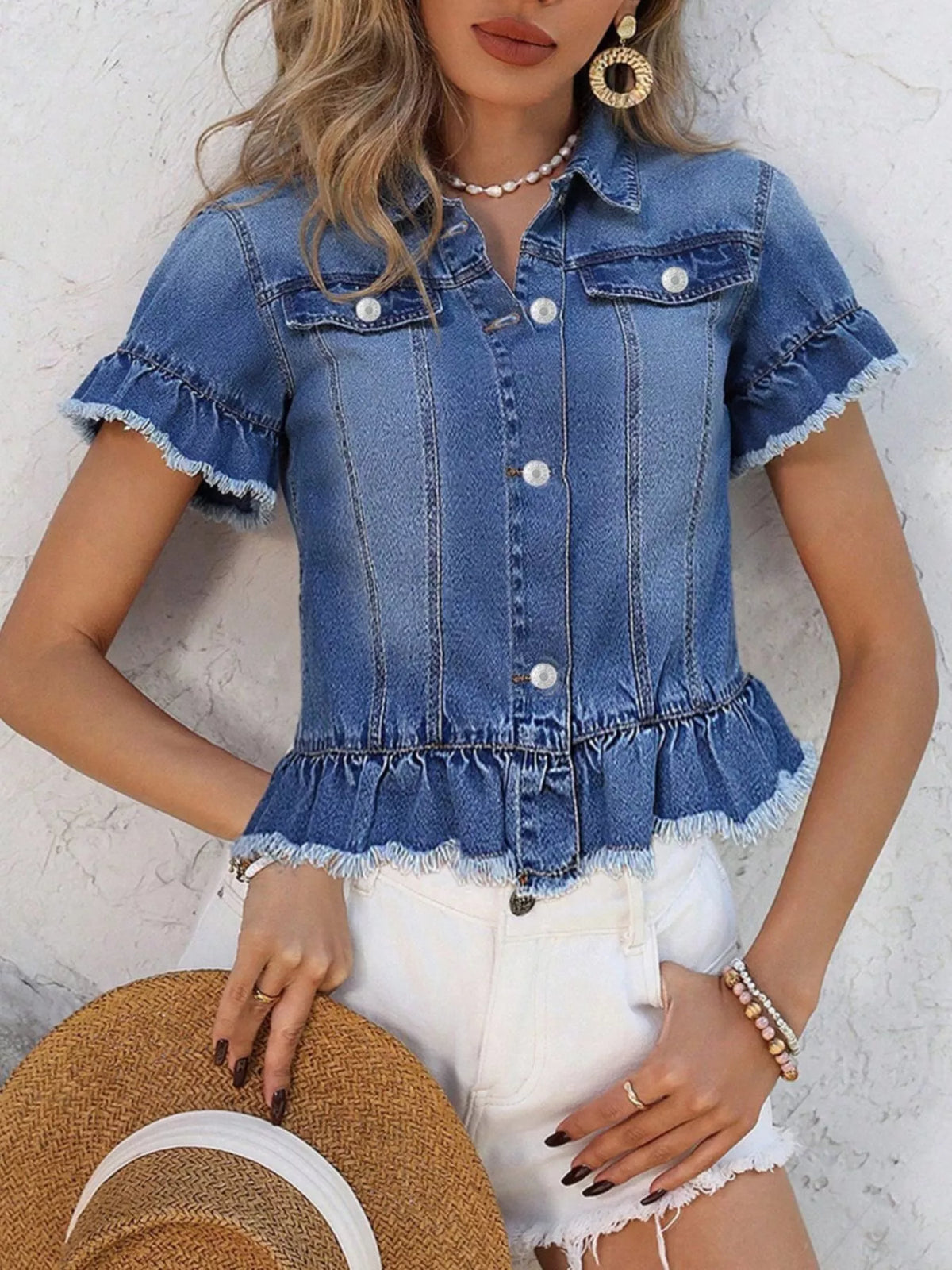 Short sleeve denim jacket with ruffle hem by Plush Fashion Hub, featuring a casual fit and stylish design.