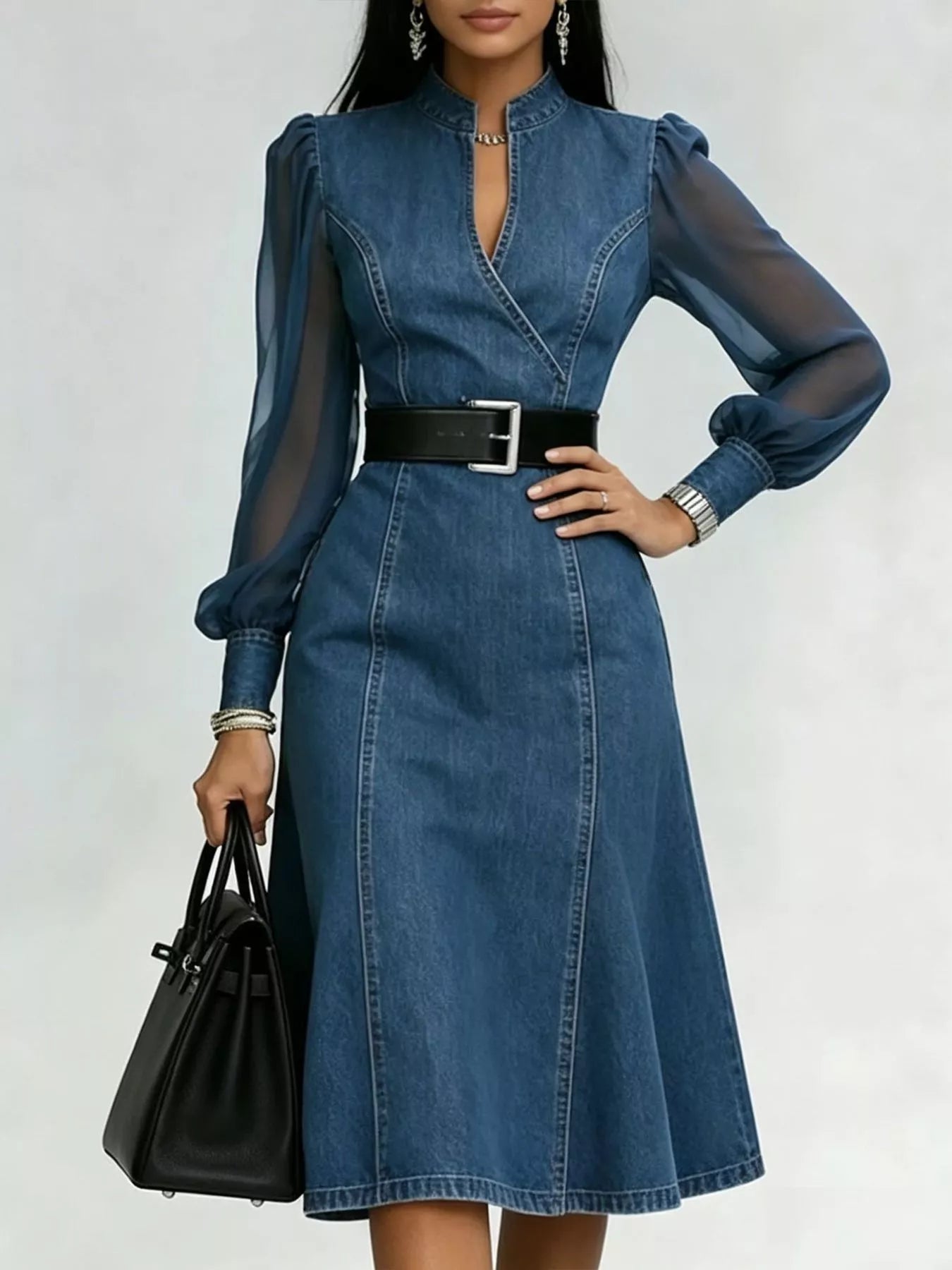 Denim midi dress with sheer long sleeves from Plush Fashion Hub, featuring a stylish, casual design and button-down front.