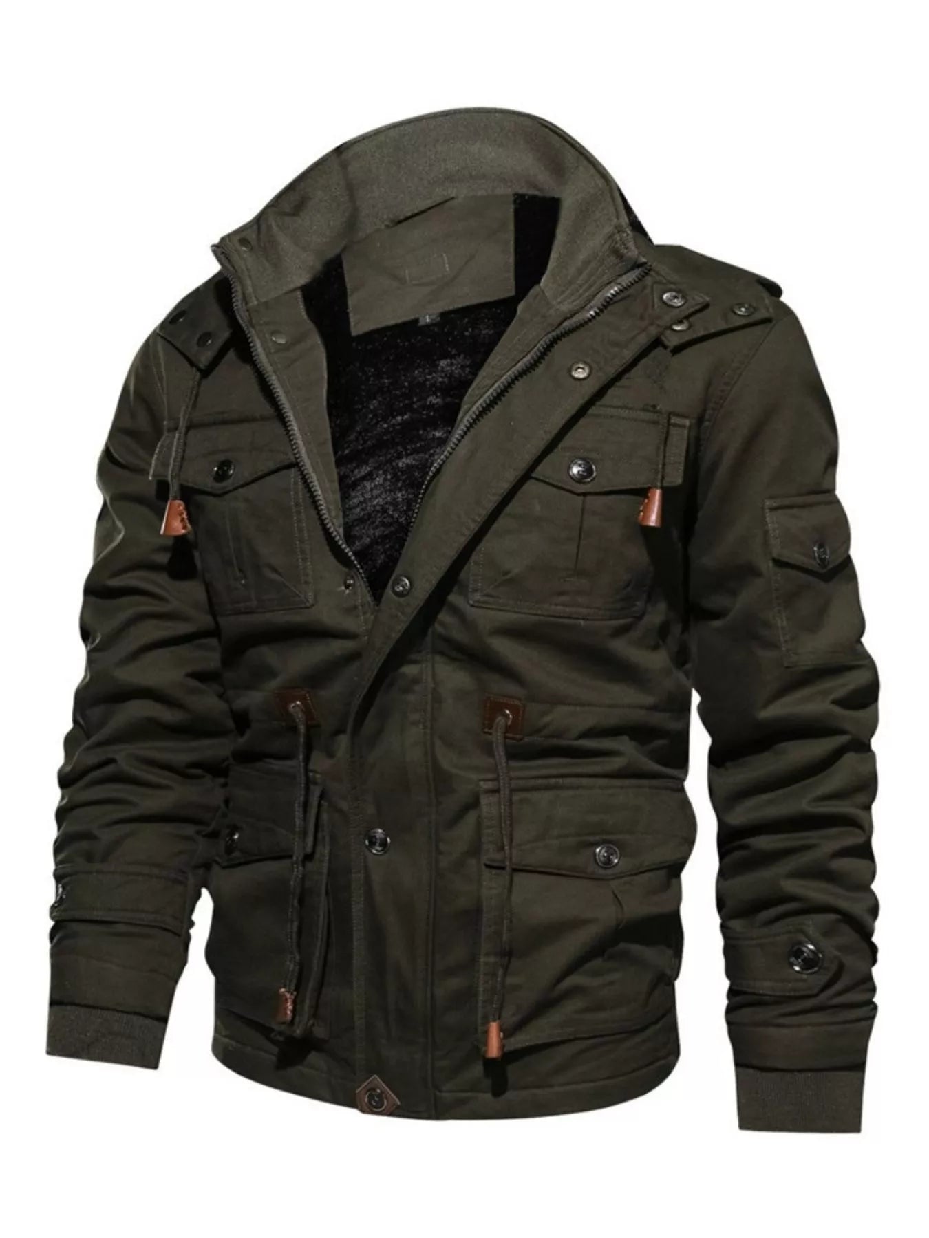 Men's plus size warm winter coat with zip-up front, black Shopimist jacket, insulated and designed for cold weather comfort.