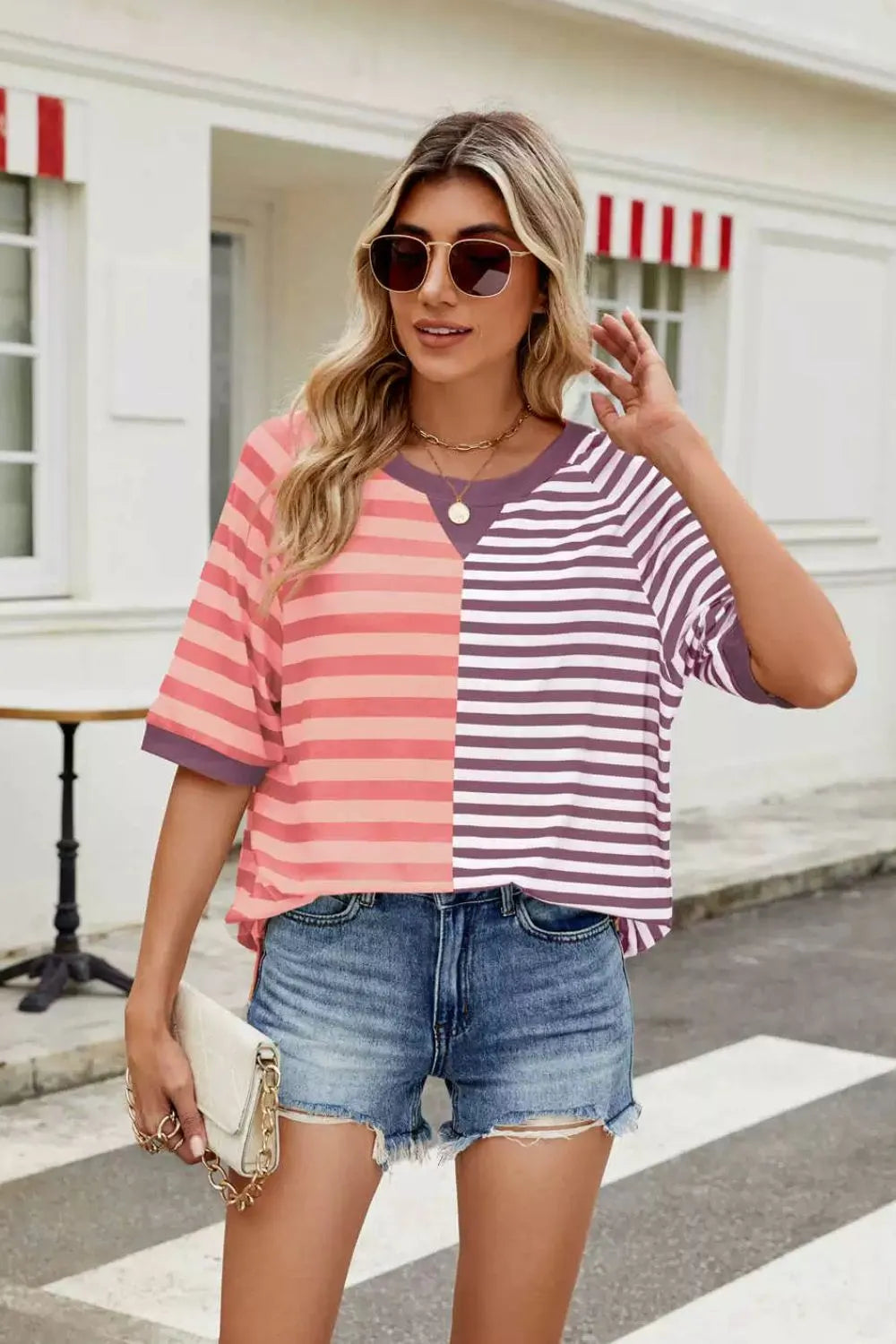 Striped round neck half sleeve T-shirt from Trendsi, casual tops with horizontal stripe pattern and comfortable fit.