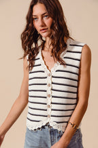 Women's striped knit vest with crochet trim, button-down front, from Plush Fashion Hub, featuring a stylish layered look.