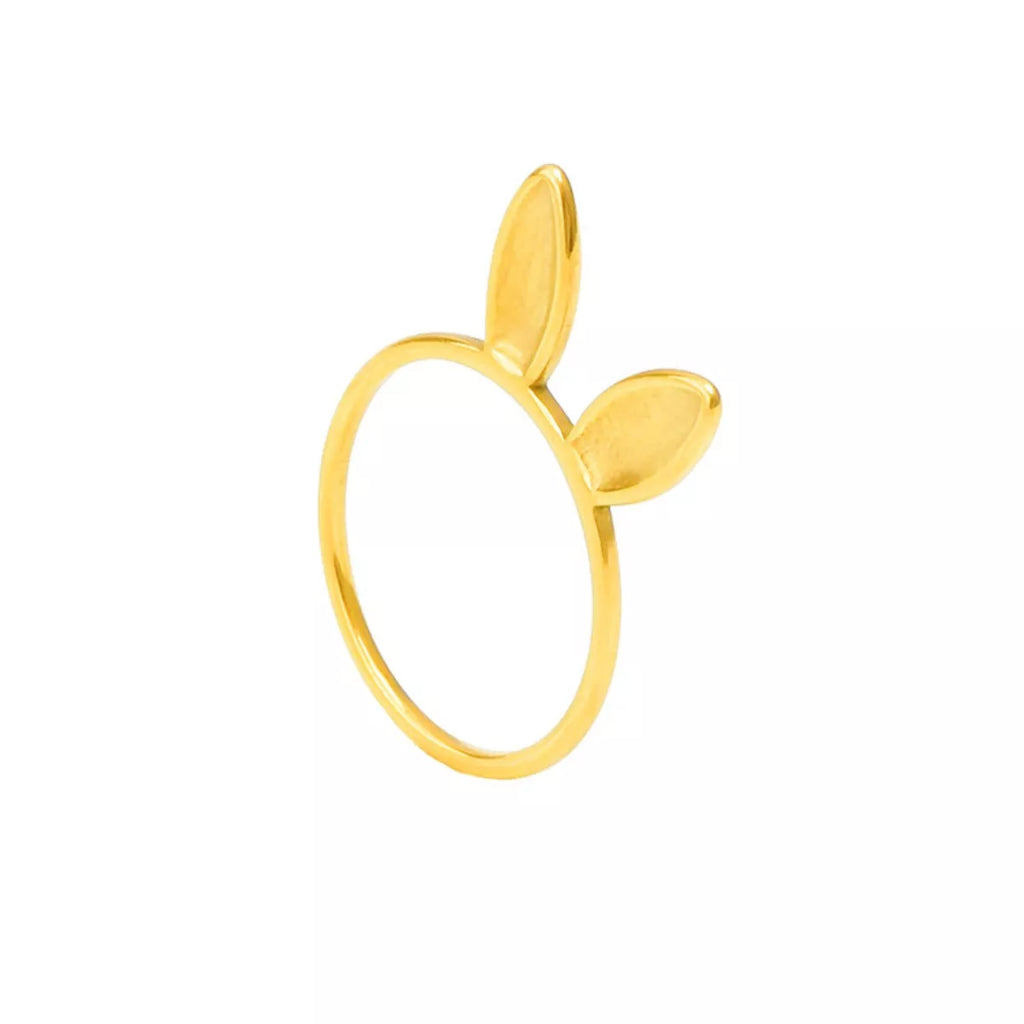 18K gold-plated bunny ear ring with adorable bunny design, showcasing shiny gold finish and delicate craftsmanship.
