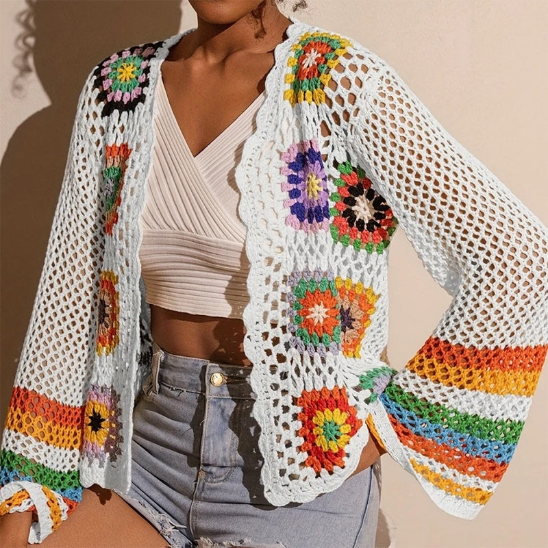 Women's elegant crochet cardigan by FitiqueFit featuring intricate knit pattern and lightweight design.