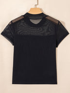 Women's sheer mesh patchwork cap sleeve T-shirt by Plush Fashion Hub, featuring elegant layering design and stylish details.
