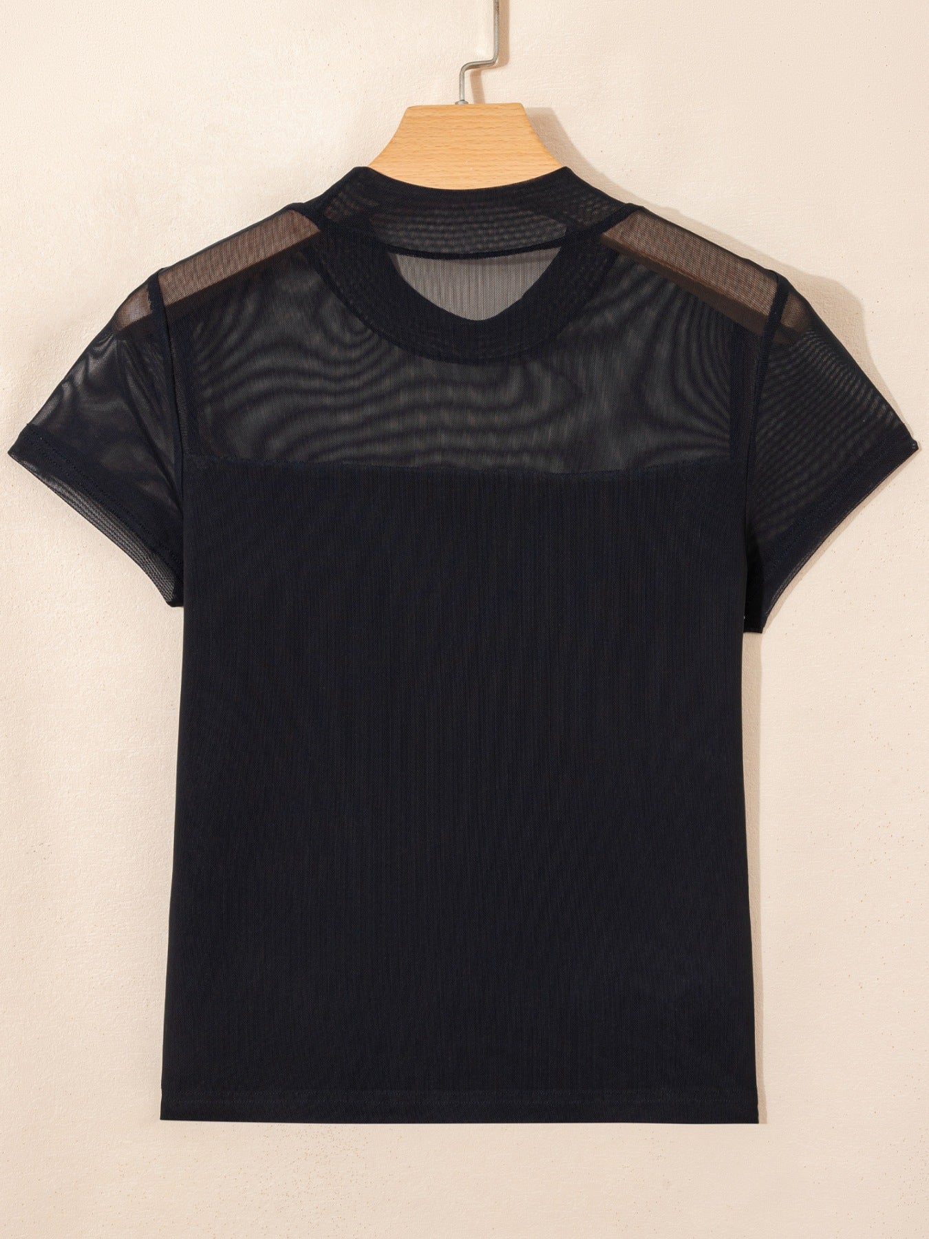 Women's sheer mesh patchwork cap sleeve T-shirt by Plush Fashion Hub, featuring elegant layering design and stylish details.