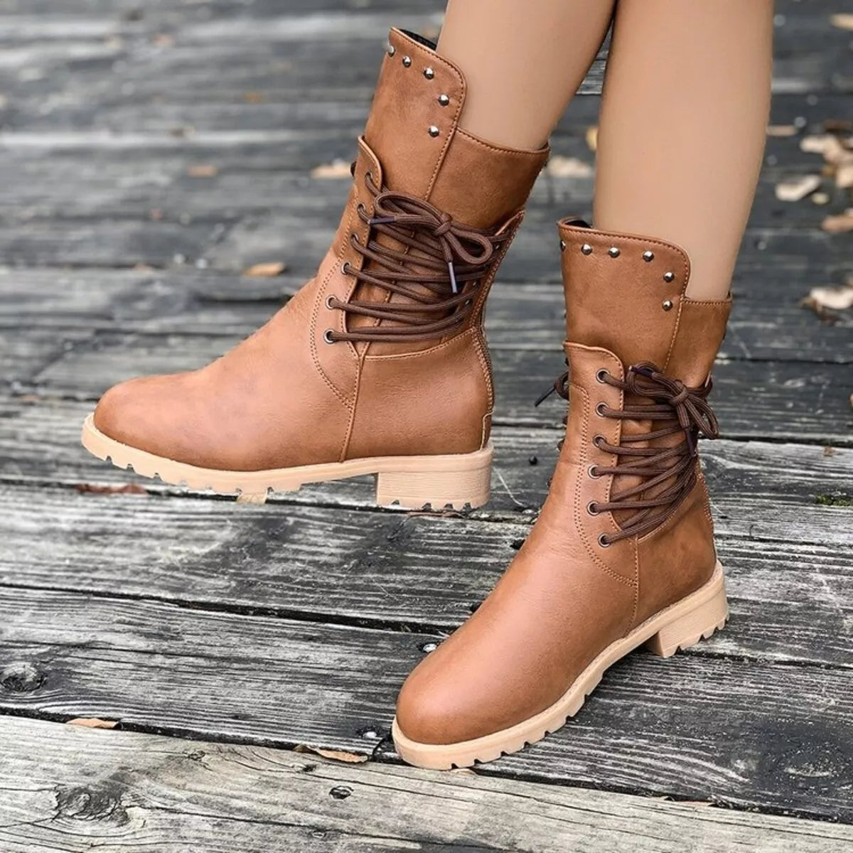 Trendsi lace-up block heel boots featuring stylish design and sturdy heels, perfect for fashionable footwear.