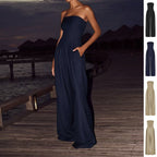 Backless loose tube-top jumpsuit with wide-leg long pants, stylish women's overalls from Plush Fashion Hub.